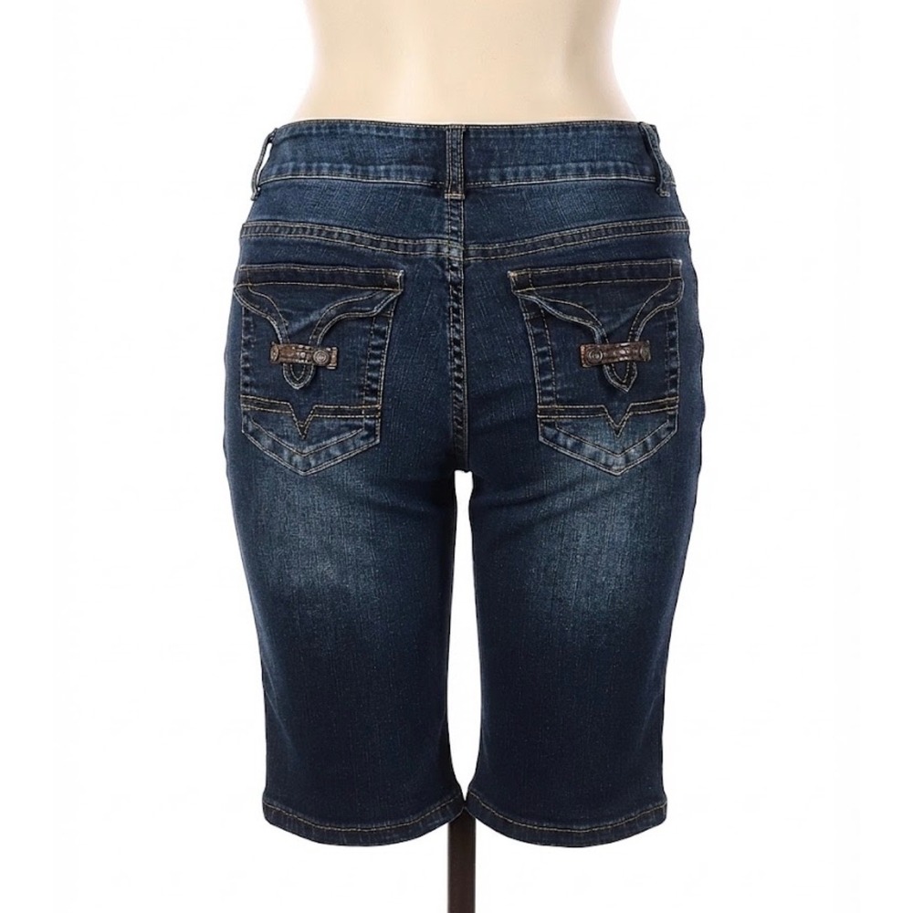 Karen Womens Denim Bermuda Shorts Dark Wash 14 Y2K Embellished Pockets Boho